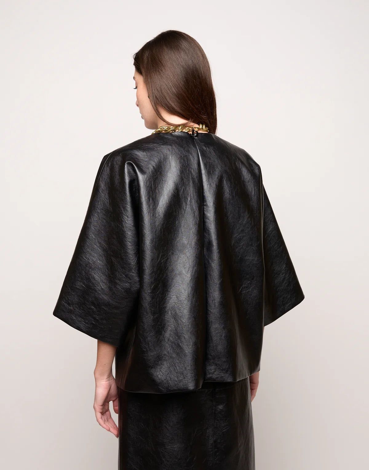 BLUSA KIMONO IN ECOPELLE OLD NERO