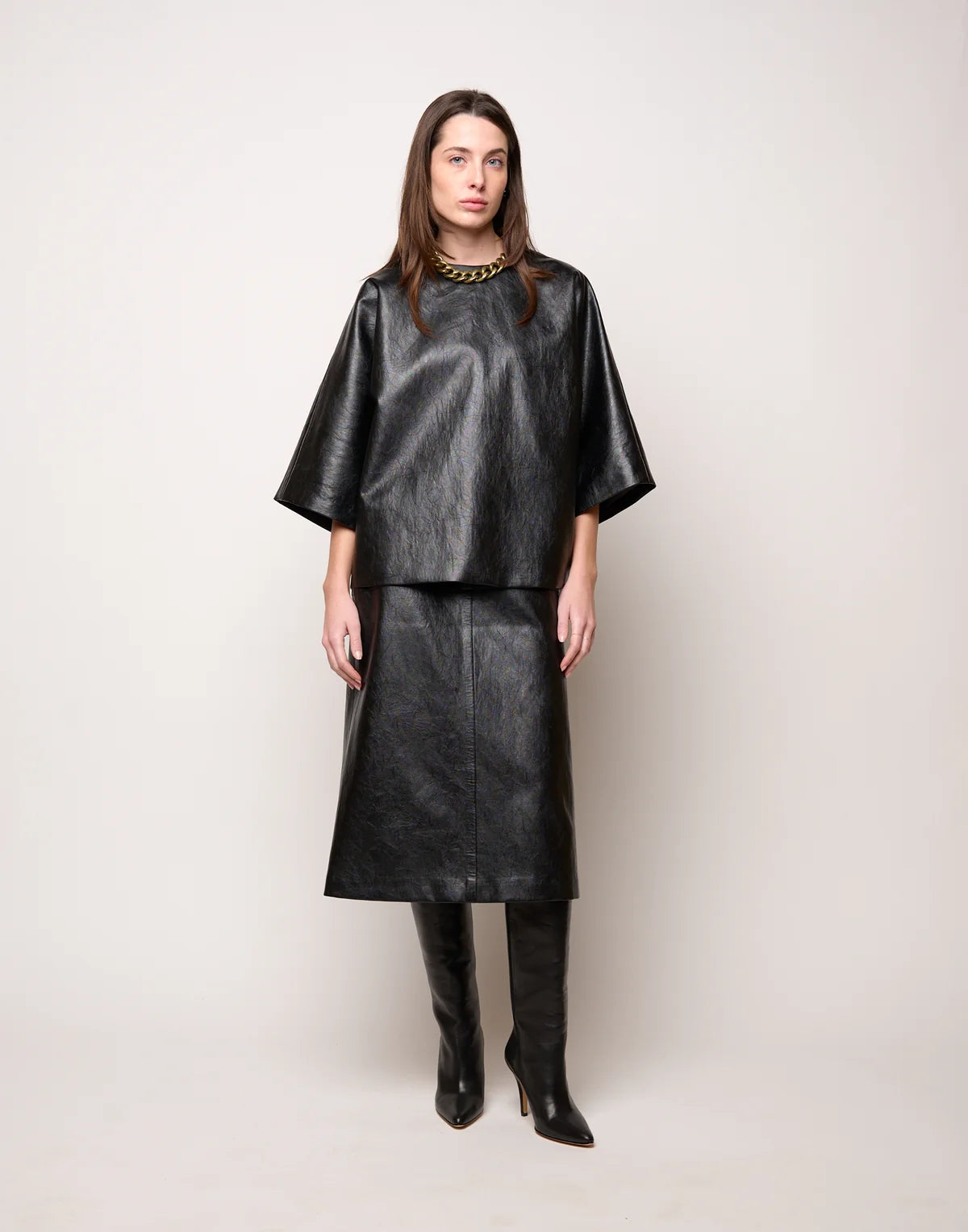 BLUSA KIMONO IN ECOPELLE OLD NERO